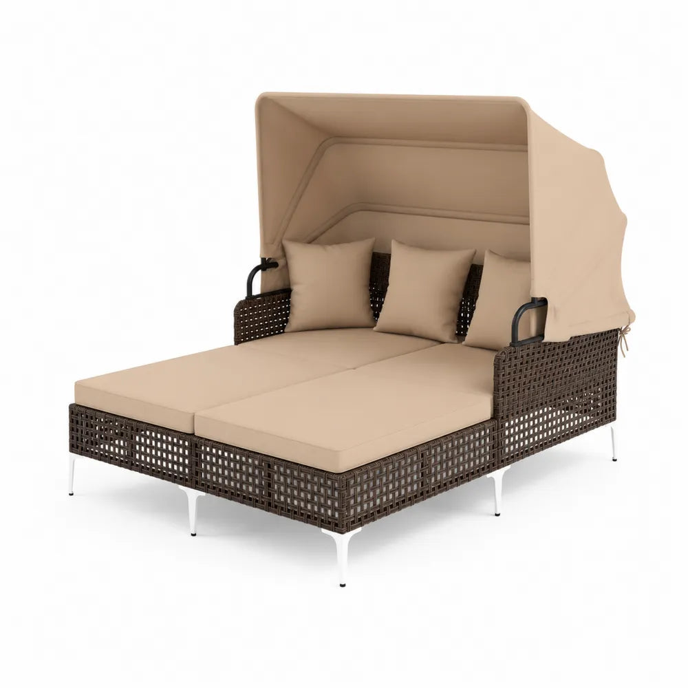 Doppelte Sonnenliege aus Polyrattan mit Verstellbarem Sonnendach Beige