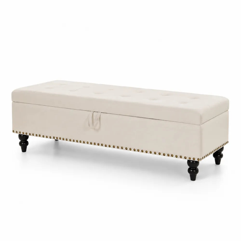 Sitzbank Samt Beige mit Holzfüßen 140x40x45 cm